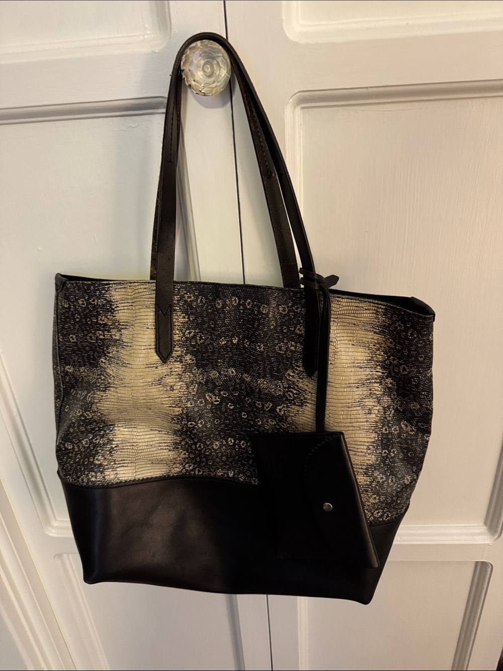 J.Crew Women's Black and Cream Textured Tote Bag